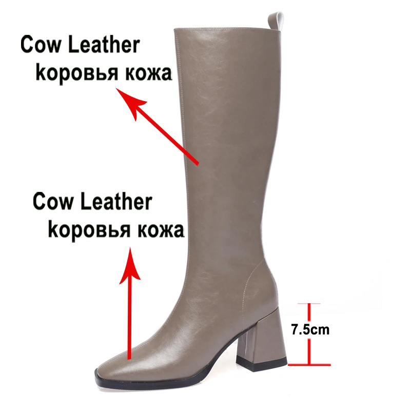 Meotina Women Genuine Leather Knee High Boots Square Toe Thick High Heel Zipper Ladies Fashion Long Boot Autumn Winter Shoes