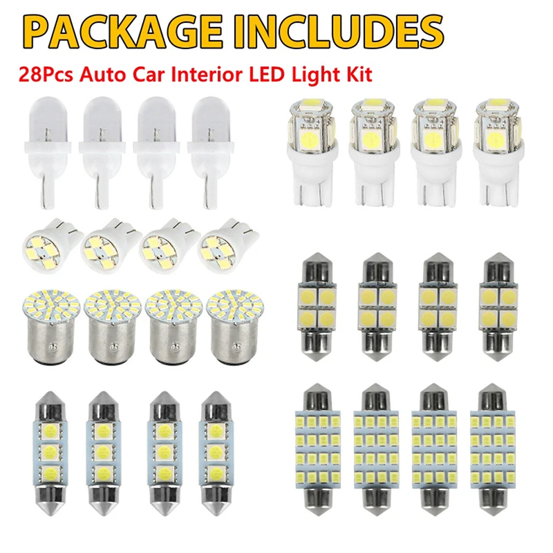 28Pcs T10 W5W Auto Car Interior LED Light Dome License Plate Mixed Lamp Interior Dome Light Trunk Lamp Parking Bulbs Set