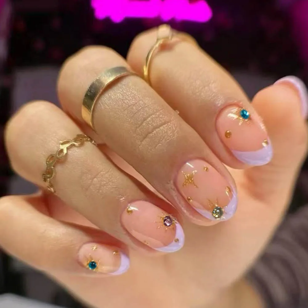 24pcs Short Oval Glossy purple French Tip Press-On Nails Star and rhinestone Design Perfect Fit Design Acrylic False Nails Set C