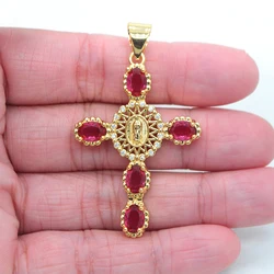 High Quality Rose Red Zirconia Women Catholic Saint Virgin Mary Gold Color Cross Pendant Jewelry