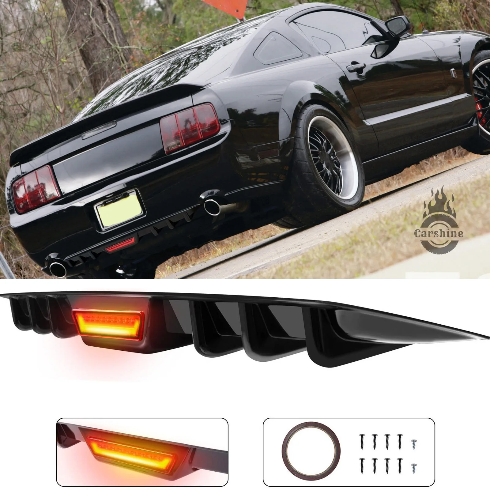 

Rear Bumper Diffuser Canard w/LED Tail Light Glossy Black Look For Ford Mustang