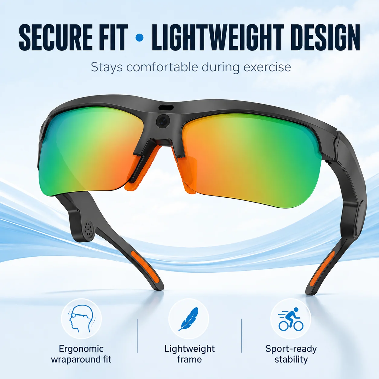 V8 AI Smart Cycling Glasses 1300W HD Camera 1080P EIS Anti-shake Video Record UV400 Polarized Lens Windproof Open Ear Bluetooth