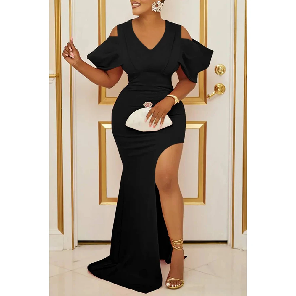 Plus Size Homecoming Dress Black V Neck Open Shoulder Split Maxi Dress