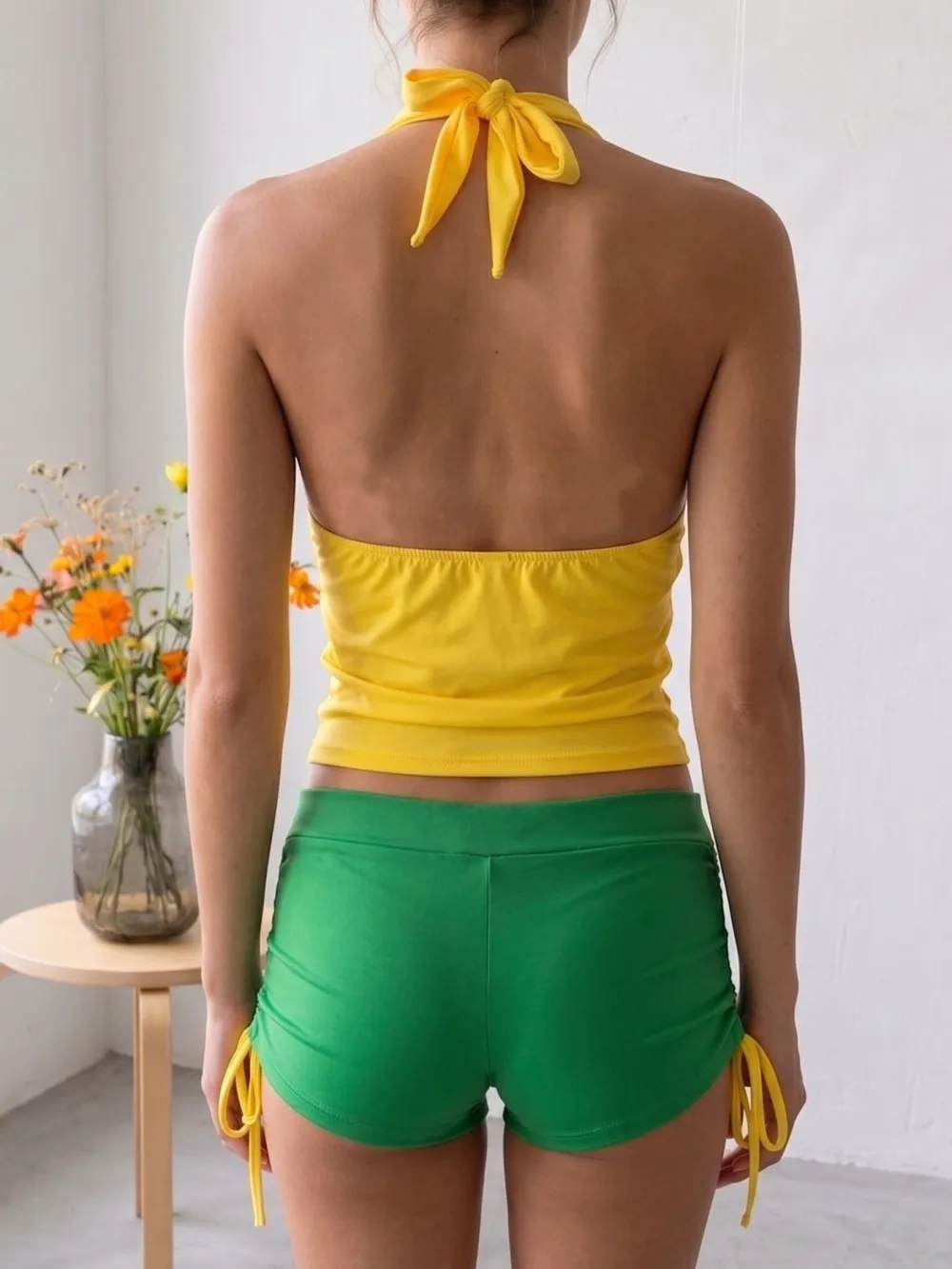 2026 new summer retro national flag print hanging neck vest, drawstring shorts set, beach yellow green color casual spicy girl