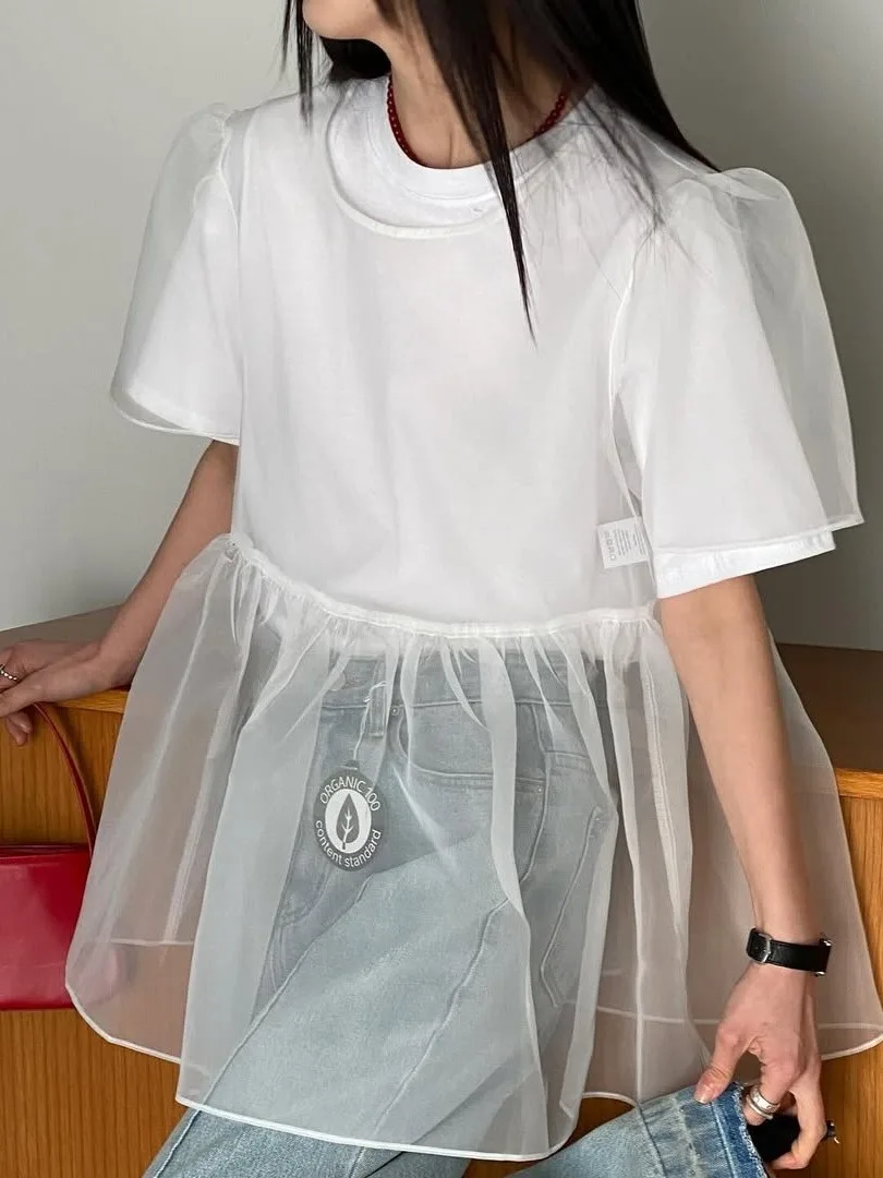 Korean Sle Faionable Me Cover up Women's ort Sve irt Summer New Sle Super Fairy Doll irt Outerwear