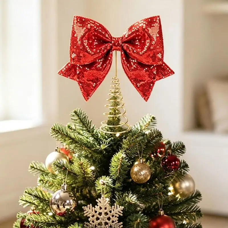 Glitzernde Feiertags-Schleifenverzierung mit Federsockel für Weihnachtsbaum und Fenster, 3 x – Detail 8