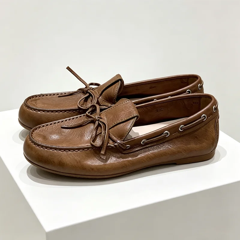 Brown Soft Leather PU Women’s Loafers Bow Detail Slip-On Flats Comfort Light Designer Casual Shoe British-style Zapatos De Mujer