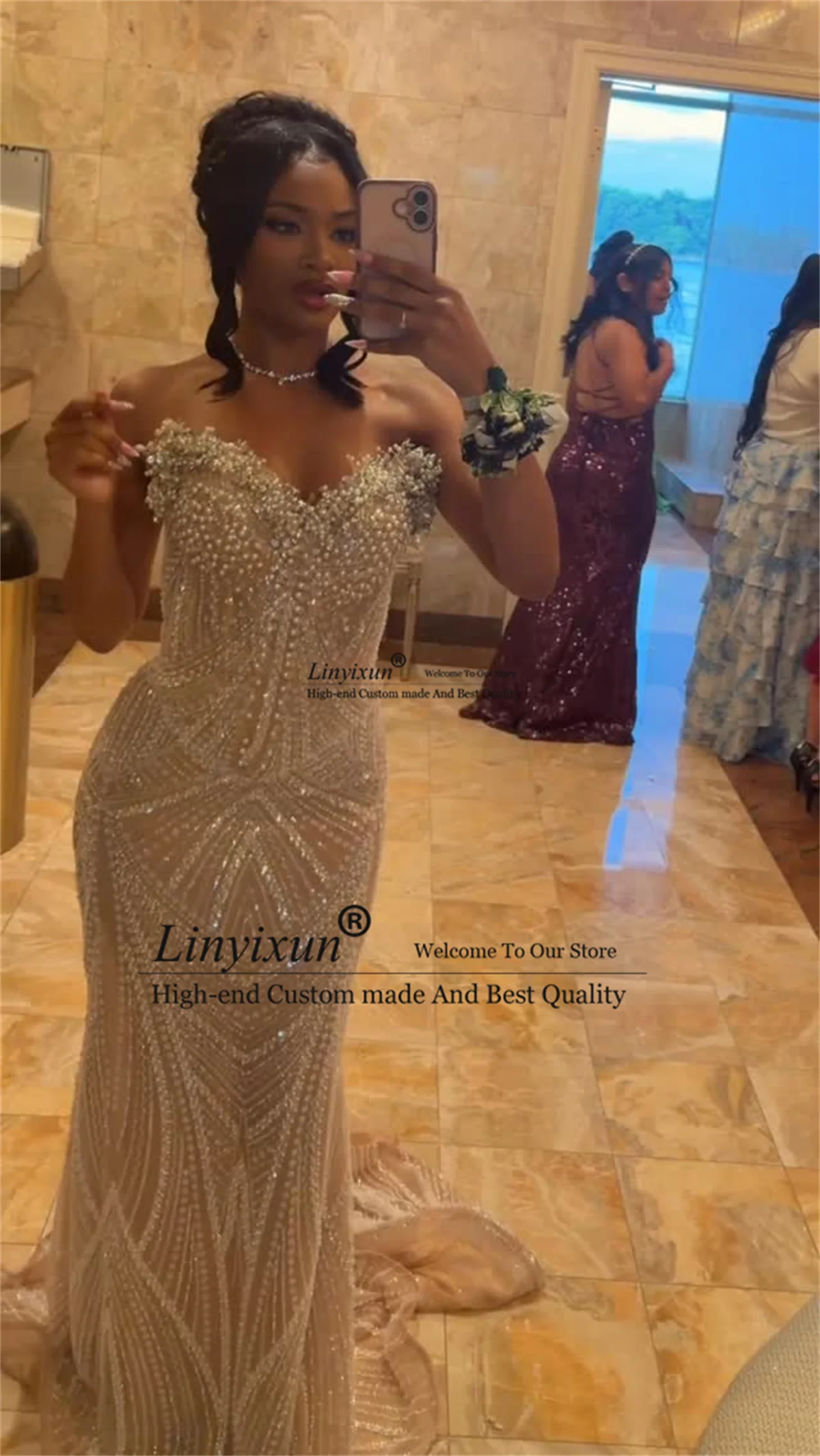 Arabic Dubai Mermaid Prom Dress Glitter Beaded Sequins Evening Party Second Reception Customized Sleeveless Robe De Soiree