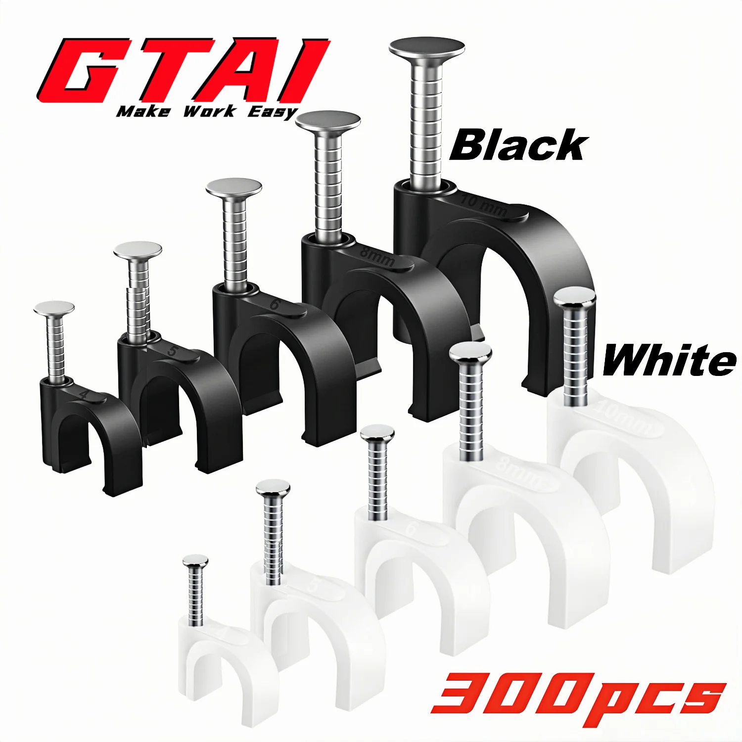 300 pièces serre-câbles clou dans les clips de câble, clips muraux de câble ethernet ronds de 4 à 10mm punaises de câble clip de câble coaxial clips de fil de haut-parleur