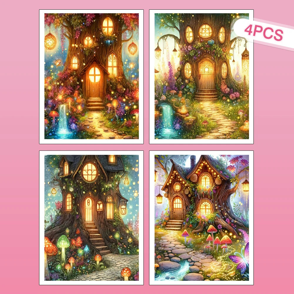 HUACAN 4-teiliges Diamant-Kunst-Set Haus-Baum-Landschaft Vollrund-Diamantmalerei 5D Sonnenuntergang Waldlandschaft Heimdekoration Handwerk