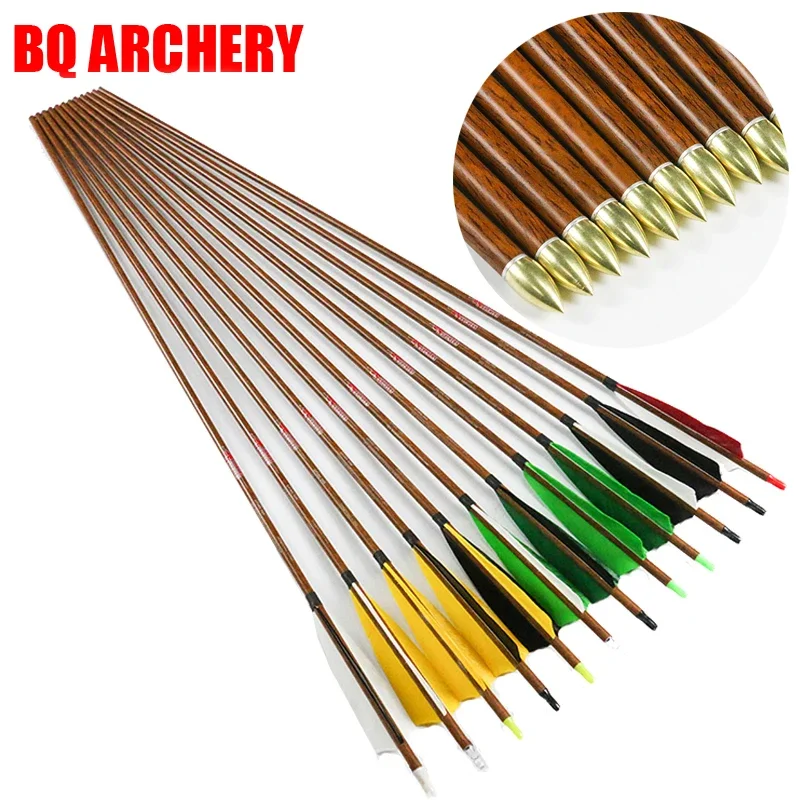 

12pcs Archery Carbon Arrows Wood Skin Spine450 32inch for Arrows 5inch Turkey Vanes Traditional Bow Compound Bow Hunting