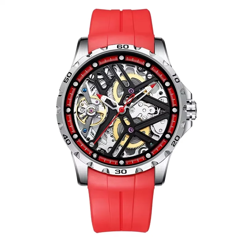 AILANG Sports Automatic Mechanical Watch for Men Fashion Stainless Steel Cased Wristwatch with Silicone Strap Skeleton Dial
