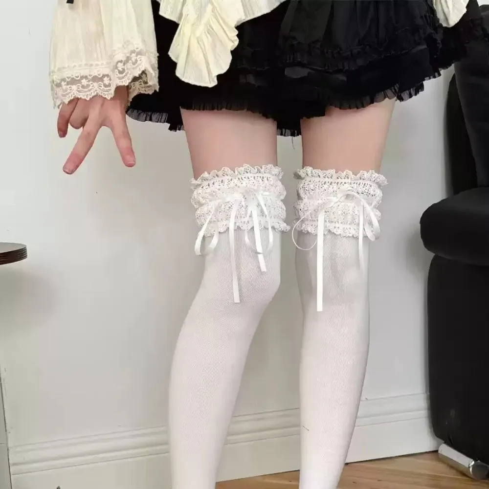 

Casual Lolita Thigh High Stockings Solid Color Lace Ruffle Long Socks Women's Socks Girls