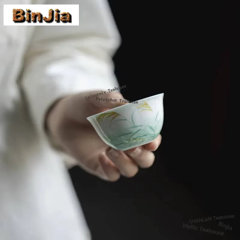 60ml Hand-painted Reed Teacup Turquoise Green Glaze Tea Bowl White Porcelain Master Cup Jade Mud Meditation Cup Kung Fu Tea Set