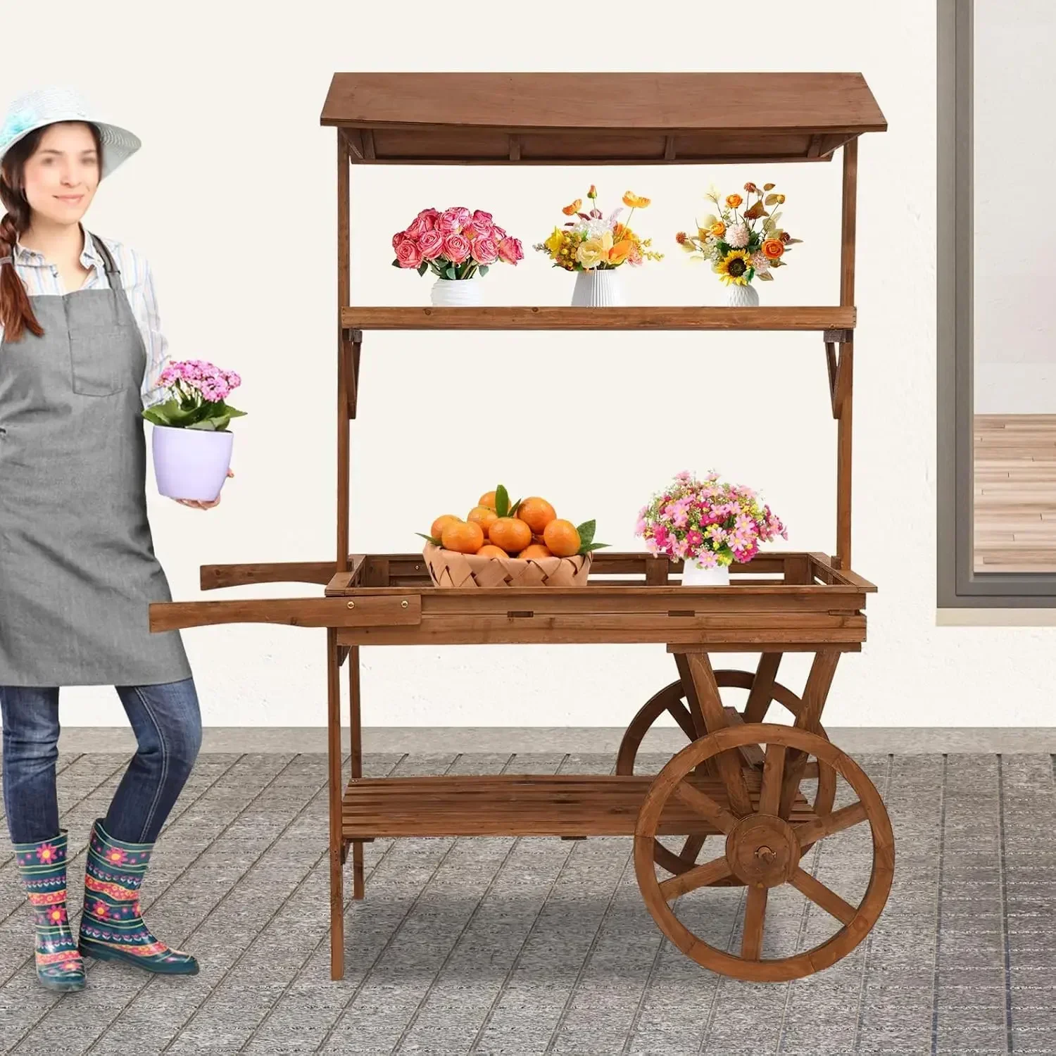 Wooden Flower Cart Display Stand with Wheels, 3 Tier Candy Cart Display Stand Vintage Rolling Cart for Candy Dessert Market Boot