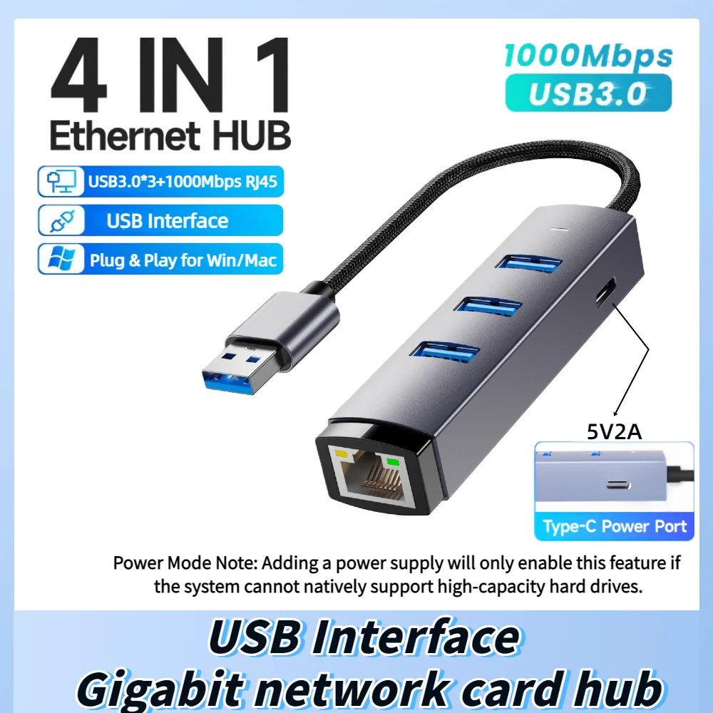 USB3.0 Ethernet Adapter Type C to RJ45 1000Mbps Ethernet Adapter USB3.0 HUB Gigabit Network Card for MacBook Laptop Computer
