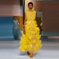 Golden Yellow Tulle Dress Lush Mesh Layered Formal Occasion Gowns Sheer Long Women Dresses Ruffled Bloosm Neckline