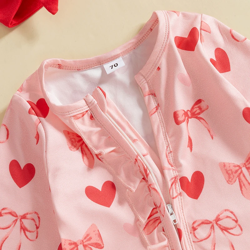 Conjuntos para el Día de San Valentín para niñas de 0 a 18 meses, mono de manga larga con estampado de lazo en forma de corazón y cremallera con diadema, conjunto de ropa para recién nacidos