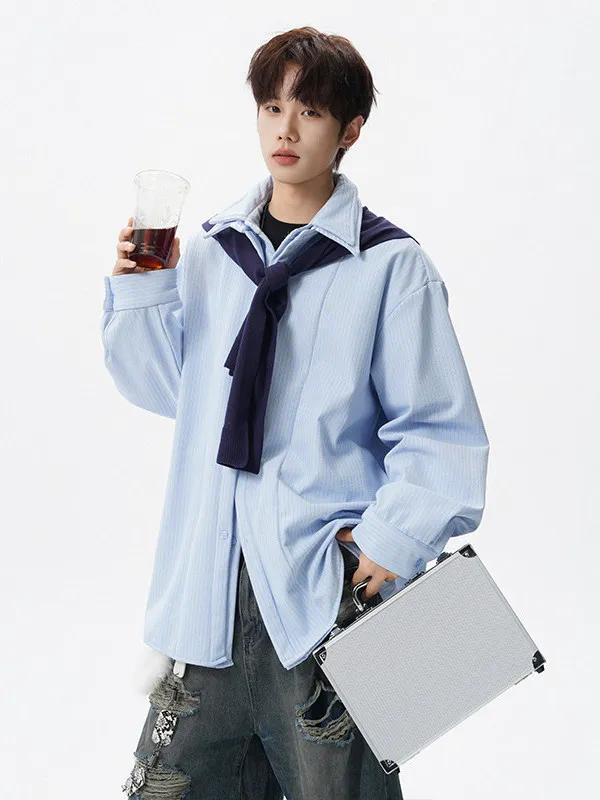 

Мужская рубашка TANGZ Studio в корейском стиле с отстегивающимися плечевыми элементами, текстурированная, с полосками, повседневная, универсальная, с длинным рукавом, на пуговицах