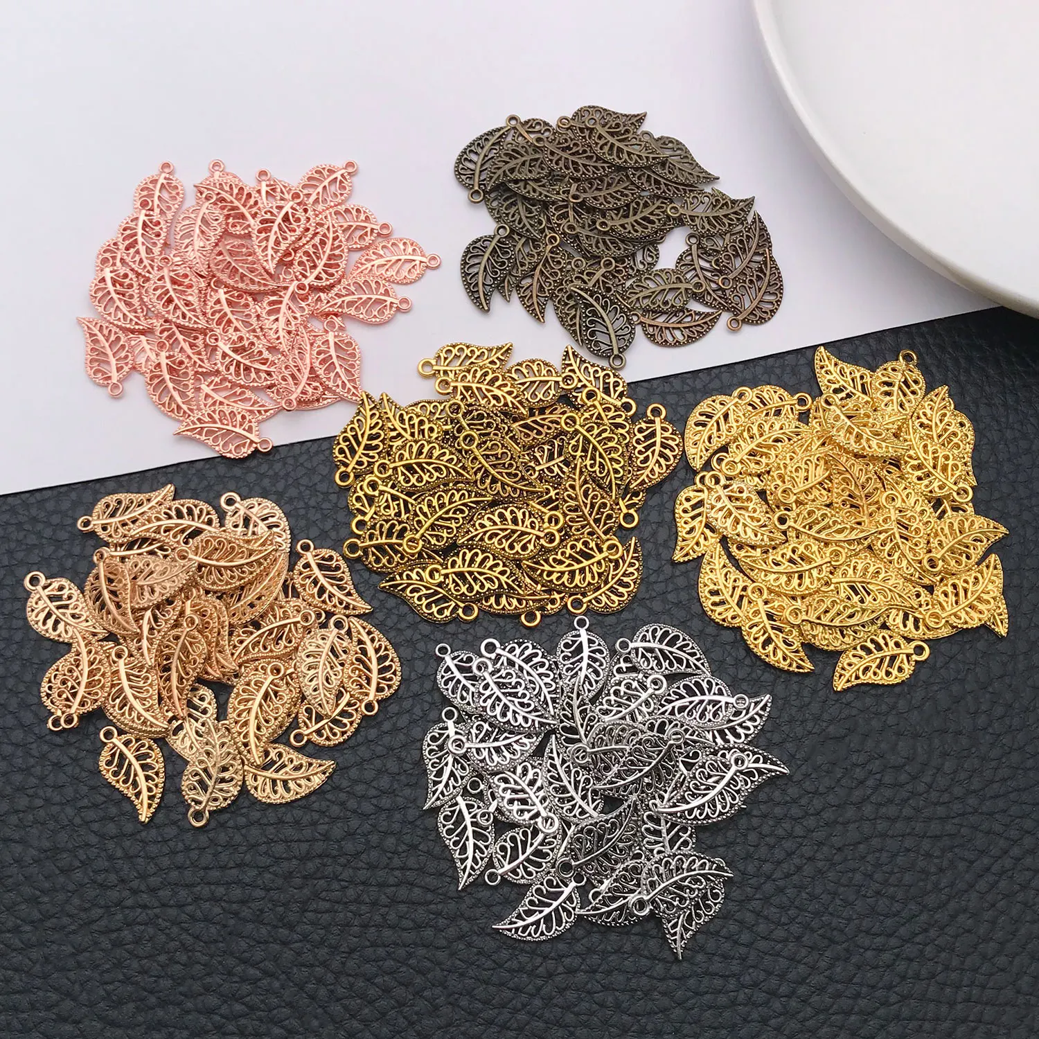 50/210 pcs Six-Color Leaf-Shaped Alloy Pendants, DIY Jewelry Accessories, Vintage Tibetan Silver Style Bracelet Earring Ornament - view 4