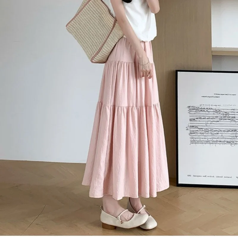 Elegant Solid A-LIne Cake Long Skirts Fashion Women Vintage High Waist Elastic Spring Dresses Office Lady Commute Chic Skirt