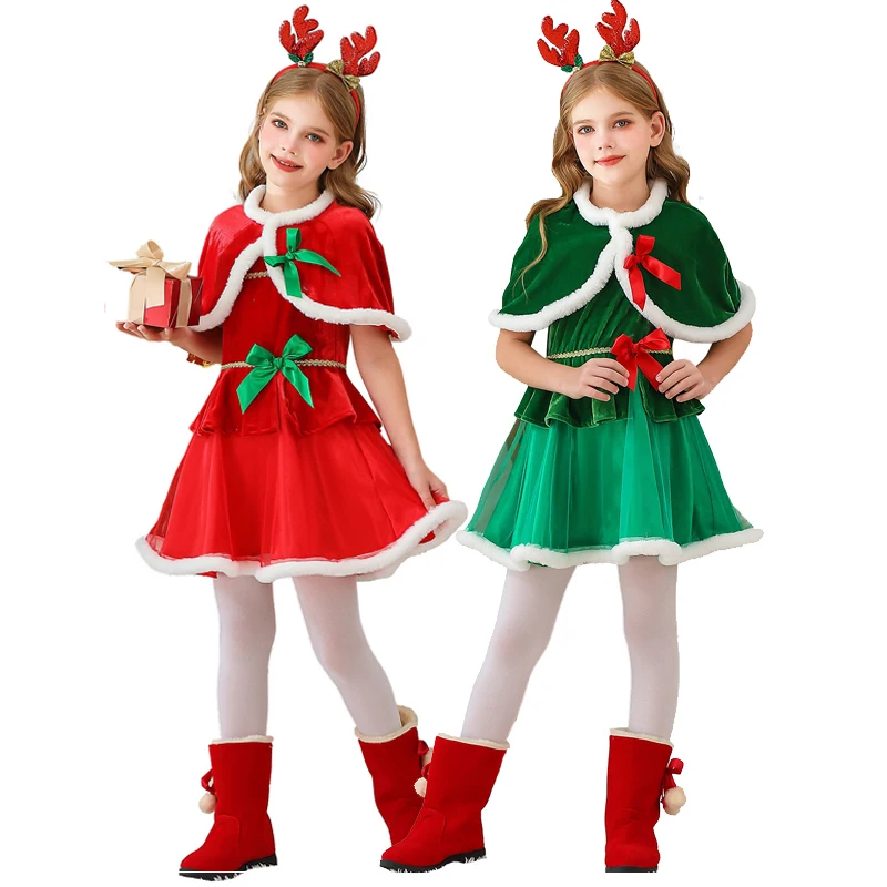 Múltiples lindos elfos de Navidad para niña disfraz carnaval Santa Claus con chal Cosplay fiesta de Halloween vestido de lujo