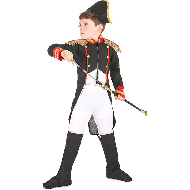 Bambini Napoleon bonnet Costume nero francese vittoriano soldato re Halloween Fancy Dress Up For Boy