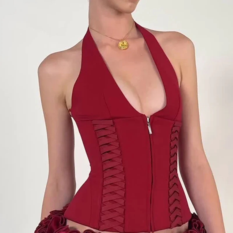 

Mery Fashion Cross Tie Zipper Slim Women's Vest Sexy Off Shoulder Backless Sleeveless Halter Top Casual Summer Street Camis