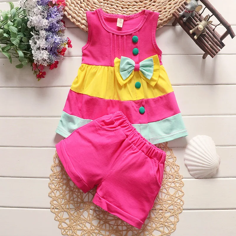 Sommerliches Baby-Mädchen-Set: Farbblock-Kleid ohne Ärmel mit Shorts, Niedlicher Großer Schleifenknoten, 2-teiliges Lässiges Outfit für Strand und Freizeit – Detail 3