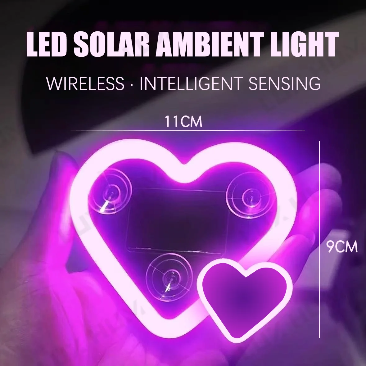 Solar Powered Car Neon Light Wireless Cute Heart Shaped Led Ambient Light Suction Cup USB Rechargeable Atmosphere Breathing Lamp image 3