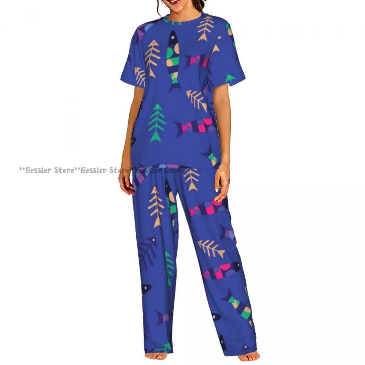 

Пижамный комплект с принтом рыбьих скелетов, женская домашняя одежда с короткими рукавами