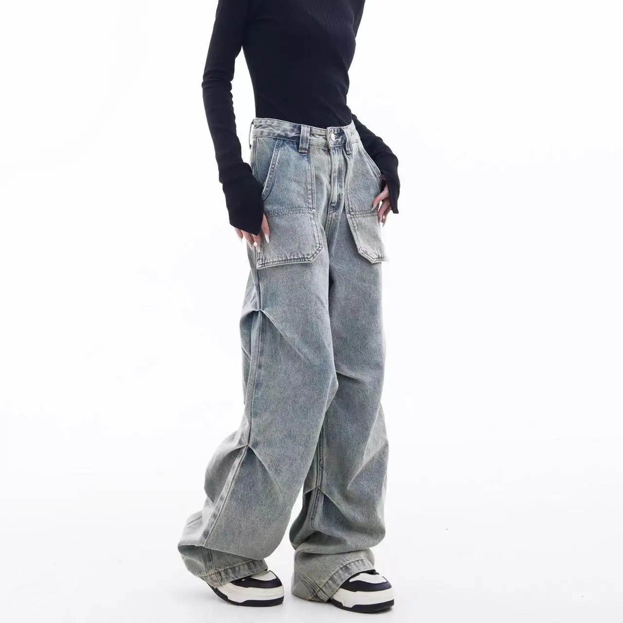 Women Jeans High Waist Vintage Straight Baggy Denim Pants Streetwear Y2K American Style Fashion Wide Leg Denim Trouser