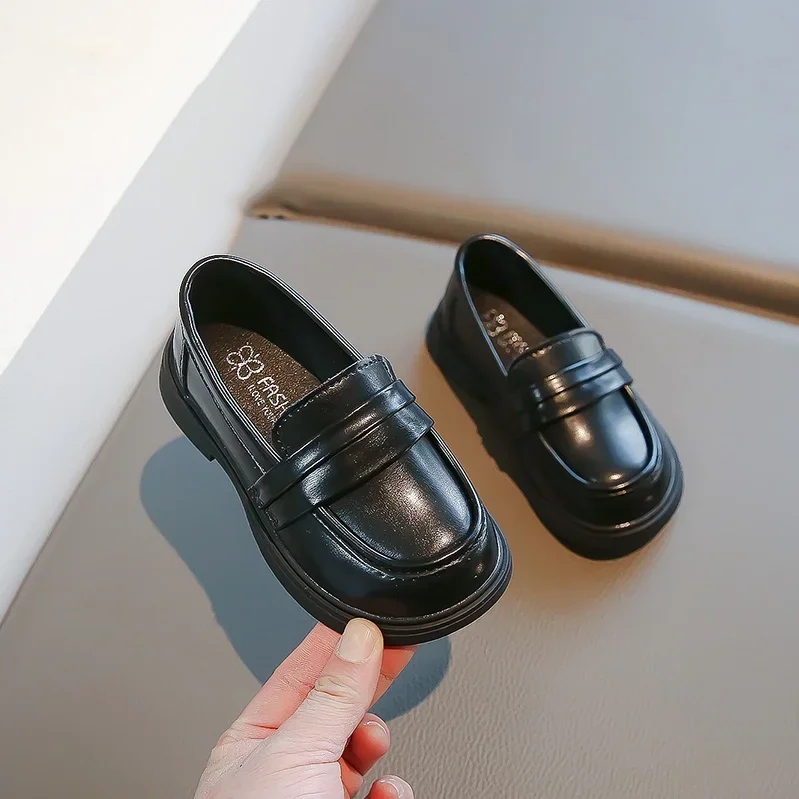 New 2025 Spring Autumn PU Leather Shoes Boys Girls Britain Style Black Brown Performance Shoes Children Slip-on Casual Loafers
