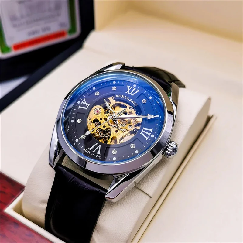 Top-Of-The-Line Luxury Business Men's Mechanical Watch, Round Dial, Automatic Winding, Skeleton Design, Leather Strap, European and American Style, High-End Feel, Light Luxury, Fashionable, Casual, Simple, Stylish, Cool, Social, Trendy Men's Watch, the Best Gift for Him