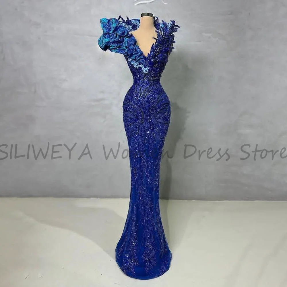 

Elegant Royal Blue V Neck Sleeveless Evening Dress Luxury Flower Beads Applique High Quality Boutique Prom Gown Robes De Soirée