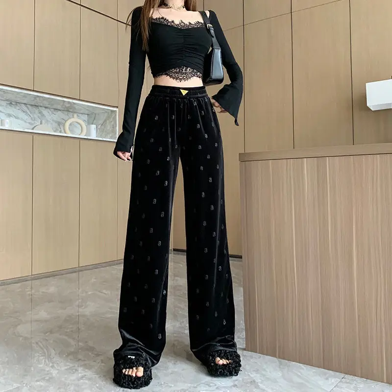 Autumn/Winter New Velvet A-line Printed Design High Waist Casual Straight Tube Drop Feel Casual Floor Dragging Wide Leg pant