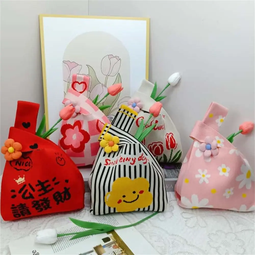 

Модная вязаная сумка на запястье с узлом, сумка-тоут ручной работы с цветочной вышивкой, большая вместительная сумка для покупок для женщин и девочек