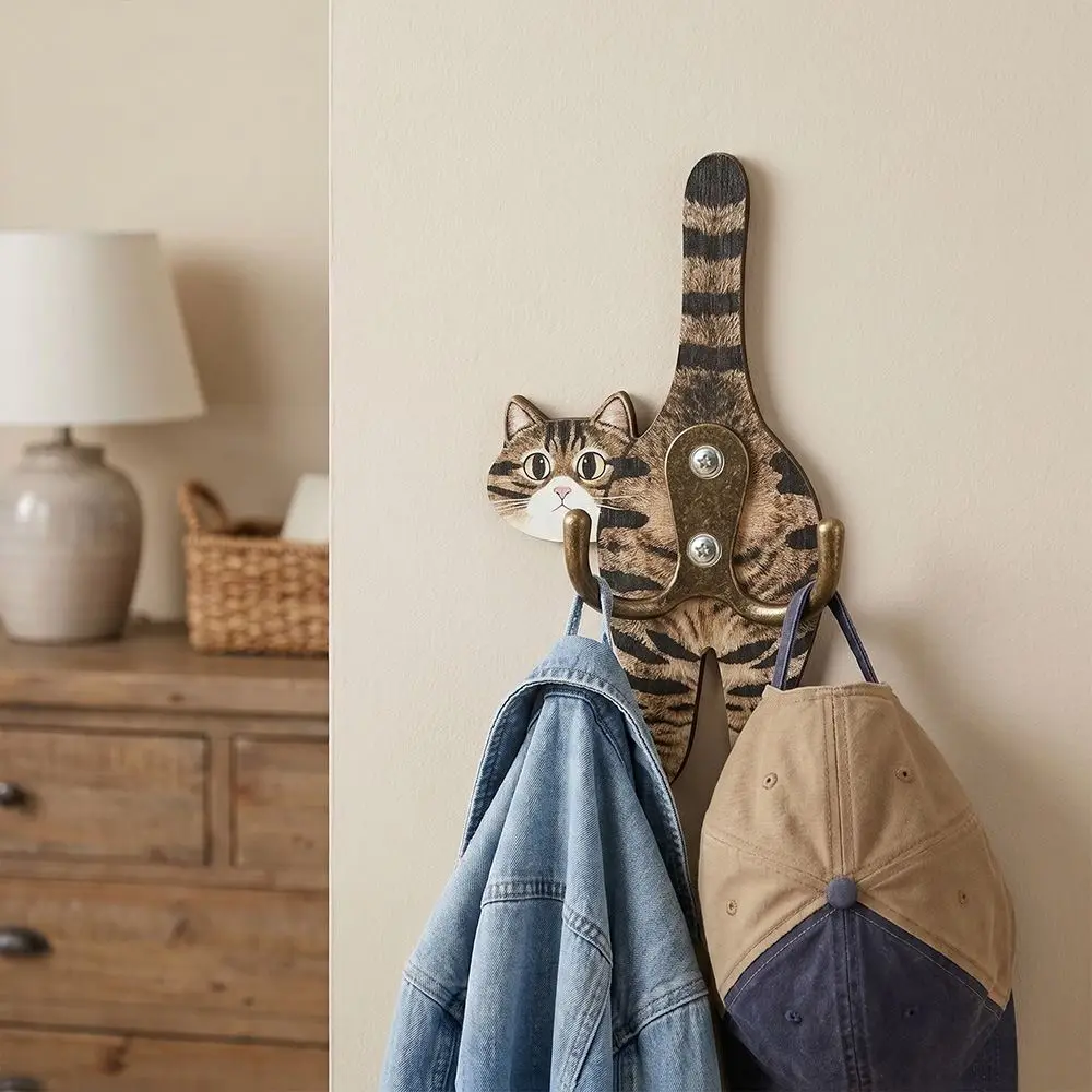 Wooden Cat Shaped Wall Hook Wall Mounted Cartoon Animal Wall Hook Decorative Cute Cat Butt Tail Key Rack Bathroom