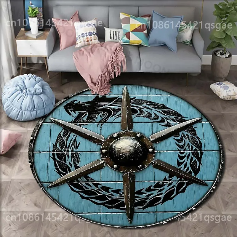 Multiple sizes Blue shield dragon motif Print Round Carpet for Living Room Bedroom Sofa Table Floor Mat Area Rug Luxury Gift