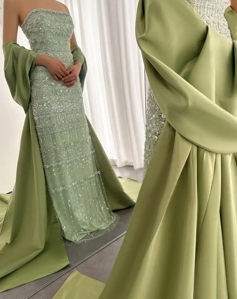 Jirocum Saudi Arabia Luxury Mint Green Beaded Evening Dresses Strapless Ruched Gown with Tulle Cape Sleeves for Gala & Prom