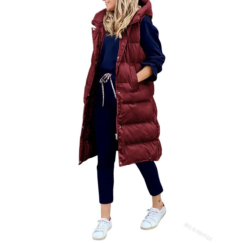 Women's Amazon Cross-Border Casual Fashion Vest - Solid Color Hooded Long Single-Breasted Sleeveless Cotton Puffer