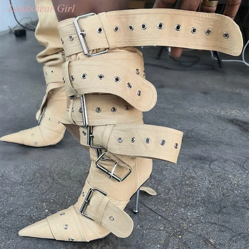 New Design Denim Boots Metal Buckle Personalized Trendy Boots Stiletto Pointed Toe Retro Hot Girl Knee-High Boots Women