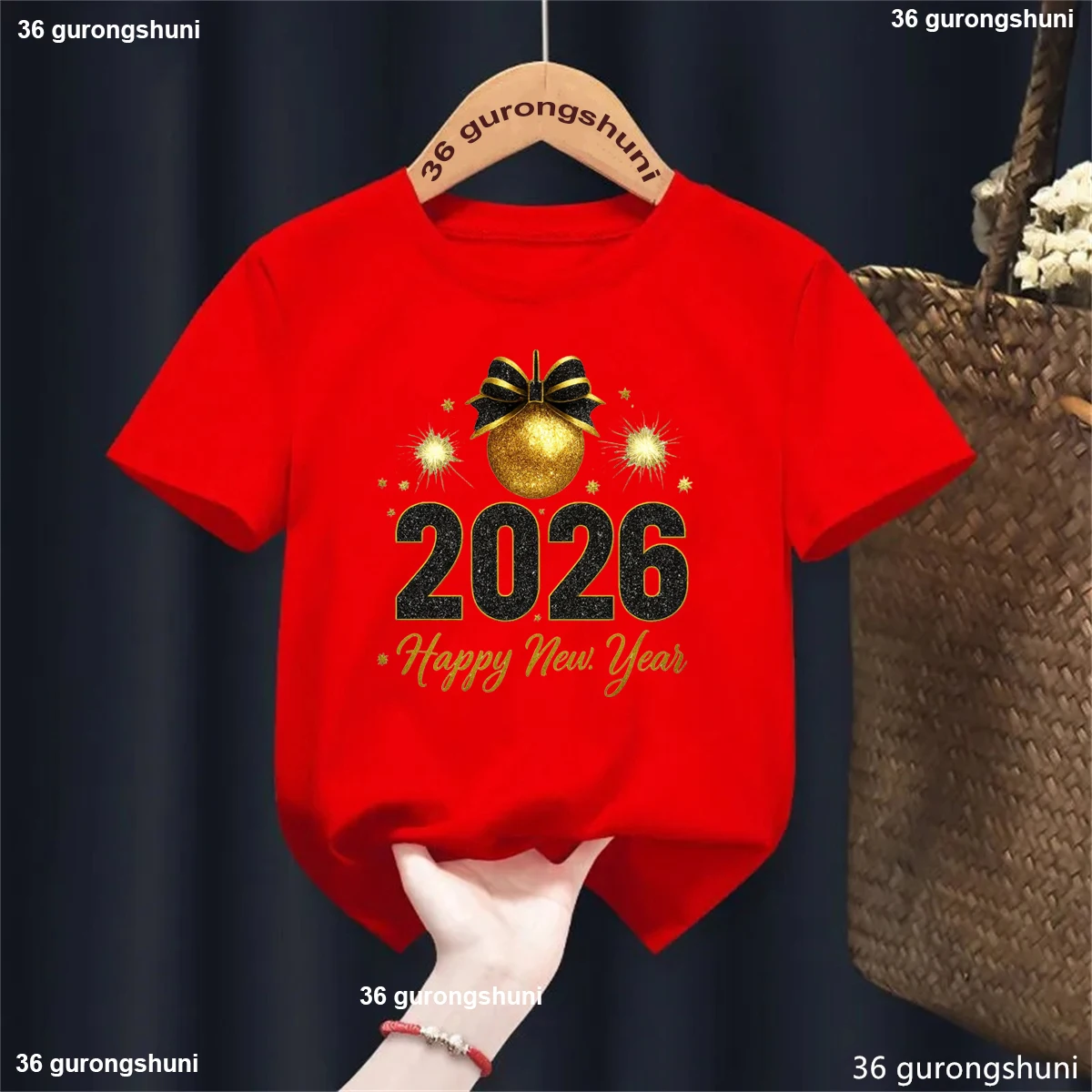 

2026 Happy New Year Printed T Shirt Girls/Boys Holiday Gifts Shirt Kawaii Kids Clothes Short Sleeve T-Shirt Toddler Shirt