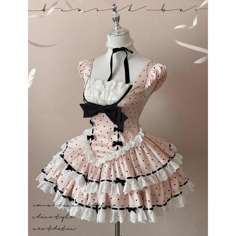 

MEXZT Japanese Lolita Pink Mini Dress Women Kawaii Bow Polka Dot Dresses Summer Y2K Ruffles Puff Short Sleeve Bodycon Vestidos