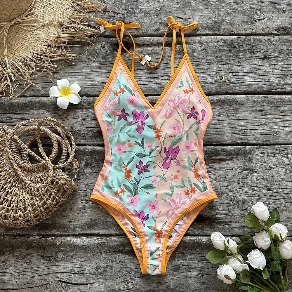 

Double -sided wear 2025 New Sexy One Piece Swimsuit Shoulder Strappy Swimsuit Cute print Swimwear Women Backless Bathing Suit