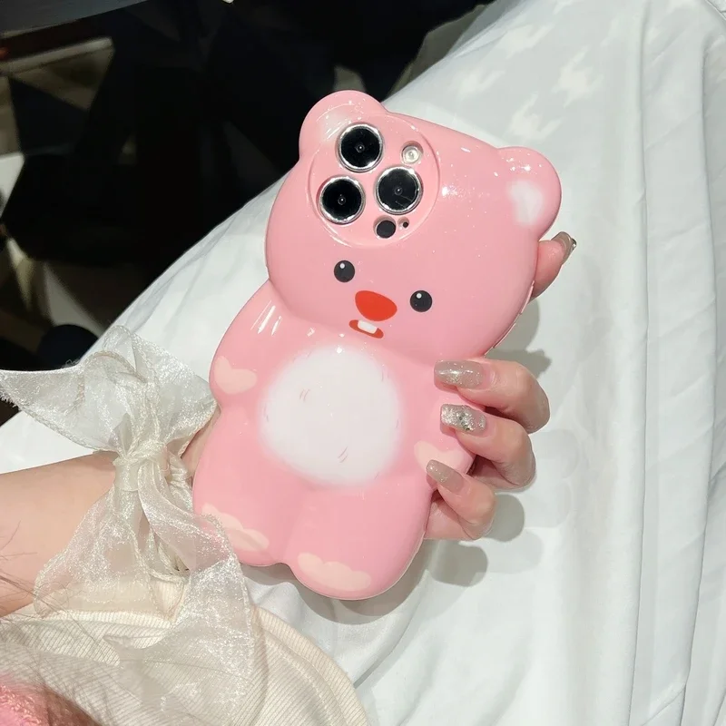 Korean 3D Cute Cartoon Animal Pink Loopy Stereoscopic Phone Case For iPhone 15 14 13 12 Pro Xs Max X Xr Shockproof Soft TPU Case