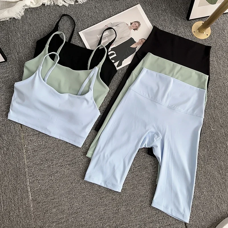 

2 Piece Women Yoga Suit Sexy Fitness Sports Sling Strap Bra High Waist Shorts Pilates Fitness Cycling outdoor Athletic Wear Suit