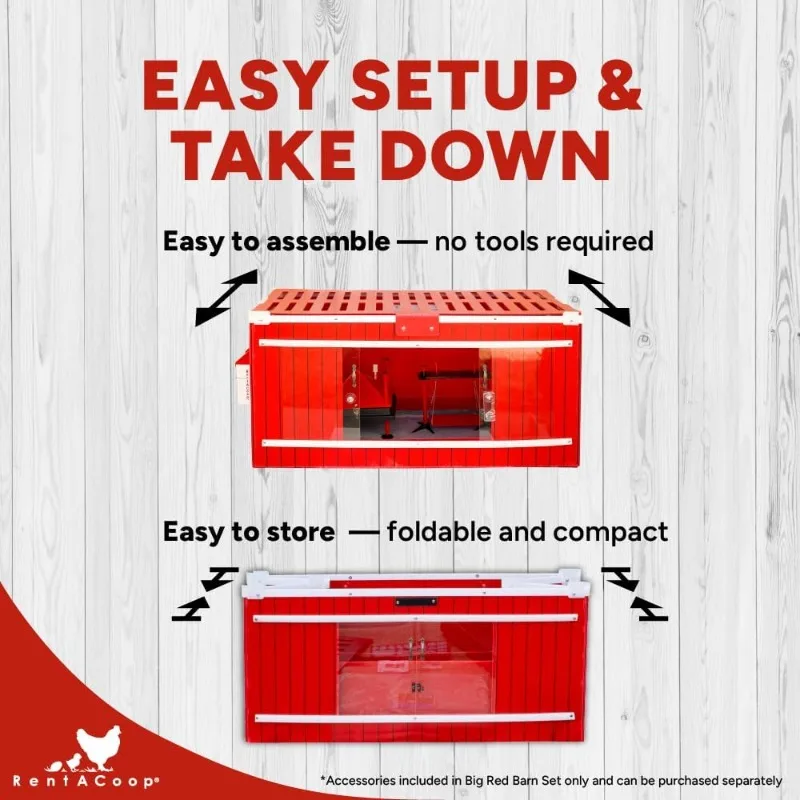 大型赤い納屋雛飼育セット（加熱プレートと止まり木防止コーン付き）、雛用餌入れ2個、雛用給水器2個、スイング付き