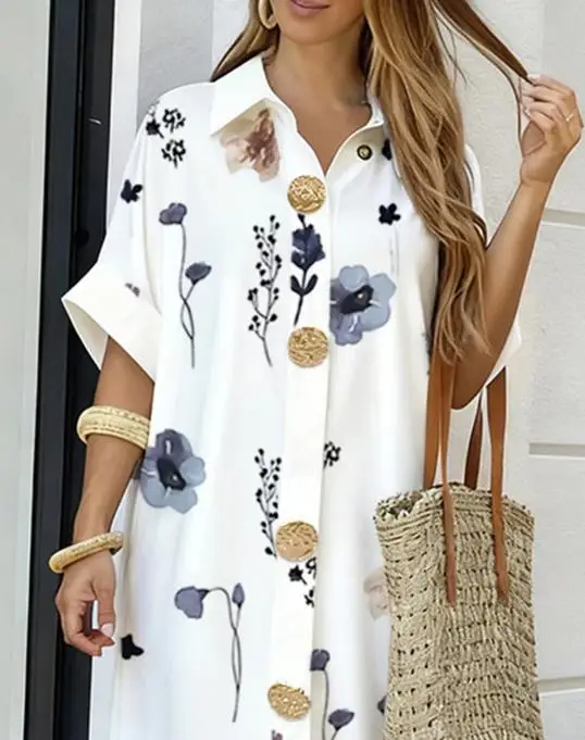 Womens Dresses 2026 Spring Summer New Floral Print Short Sleeve Turn-Down Collar Shirt Dress Casual Button Details Long Dress
