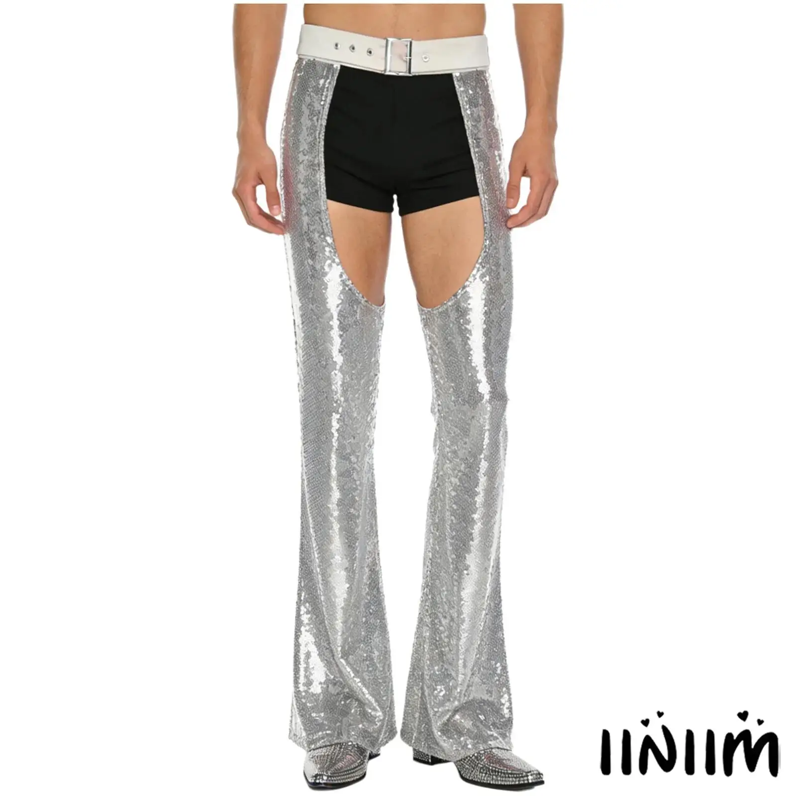 남성 카니발 에지 디스코 재즈 댄스 팬츠 허리 크로치 부분이 비어있는 풀라이닝 플레어 팬츠 카우보이 찹스 팬츠 테마 파티용